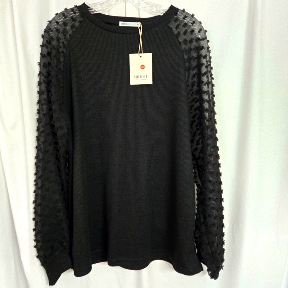 MIHOLL Black Sheer Sleeve Ribbed Body Top. Size XL